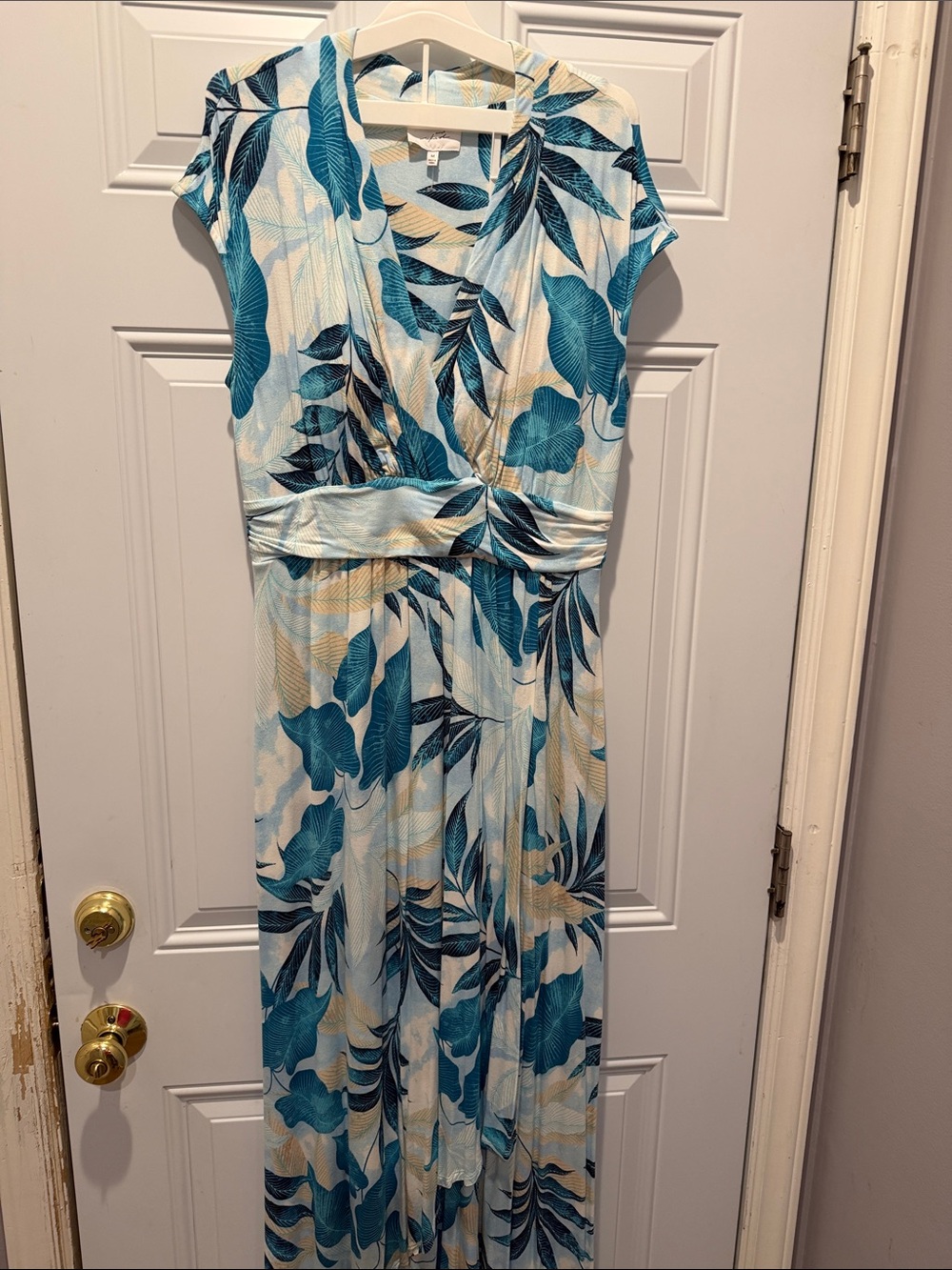 Soma Teal and White Leaf-Print V-Neck Maxi Dress